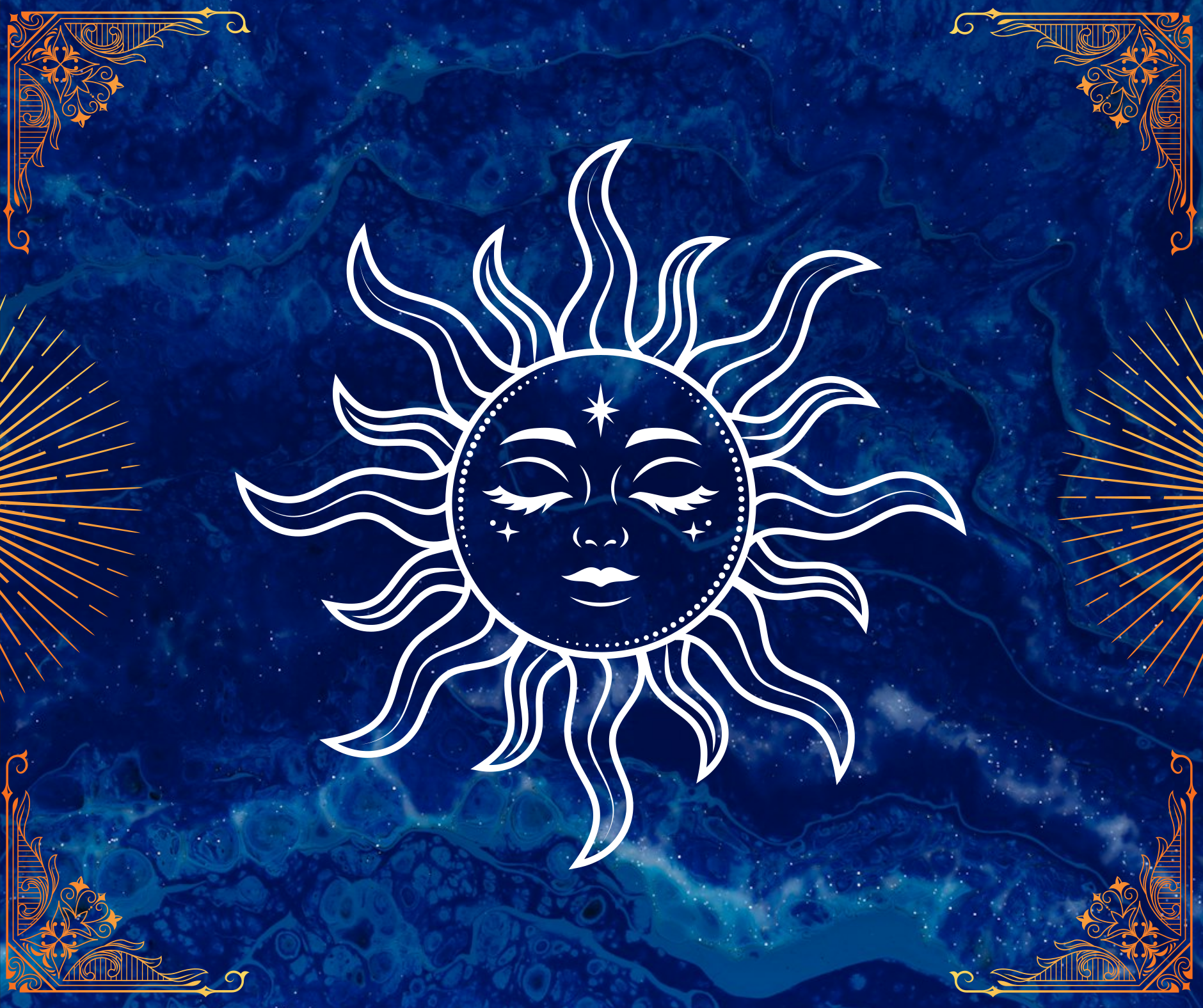 Ornamental design featuring a stylized sun and moon face with radiating sun rays, set against a blue marbled background with decorative gold corner accents.
