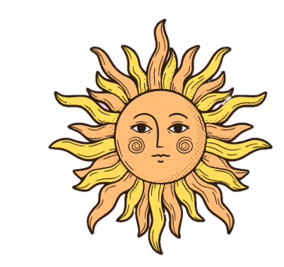 Stylized sun with a face, featuring swirled cheeks, almond-shaped eyes, and wavy rays in yellow and brown tones.