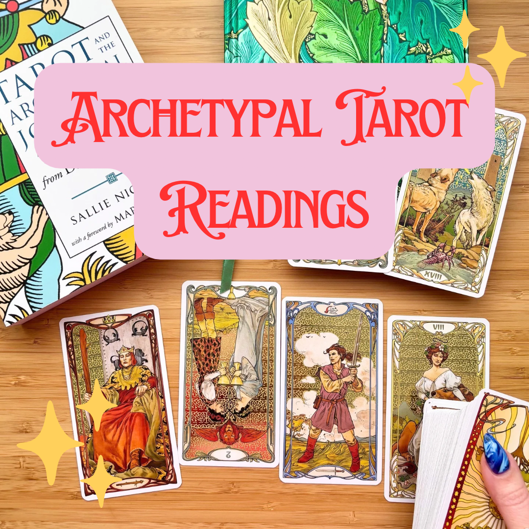 An open tarot card deck with colorful illustrated cards laid out on a wooden surface, along with a book titled 'Tarot' and a hand with painted nails holding the deck. A pink banner with red text reads 'Archetypal Tarot Readings.'
