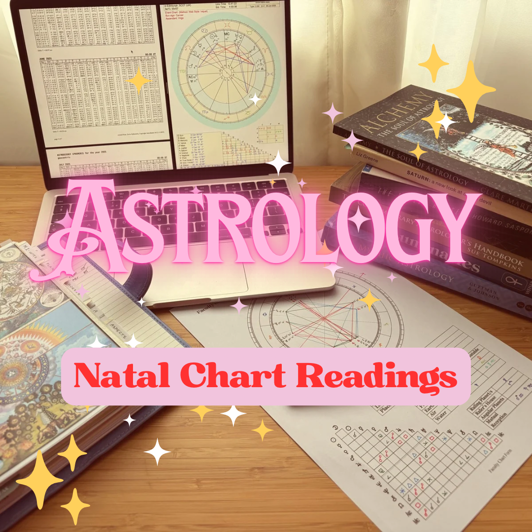 A laptop displaying astrological charts and tables, with stacked astrology books titled 'Alchemy,' 'The Soul of Astrology,' 'Saturn,' and 'The Astro Handbook.' Astrology charts are also visible on a wooden table. The image features overlays of the word 'ASTROLOGY' in pink and 'Natal Chart Readings' in red, with star and sparkle decorations.