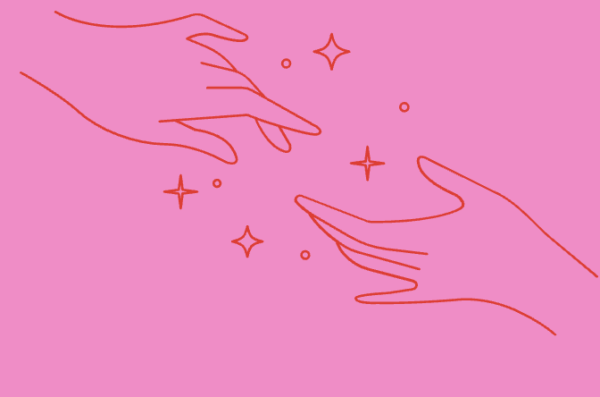 Outline of two hands reaching towards each other with sparkles and stars between them on a pink background.