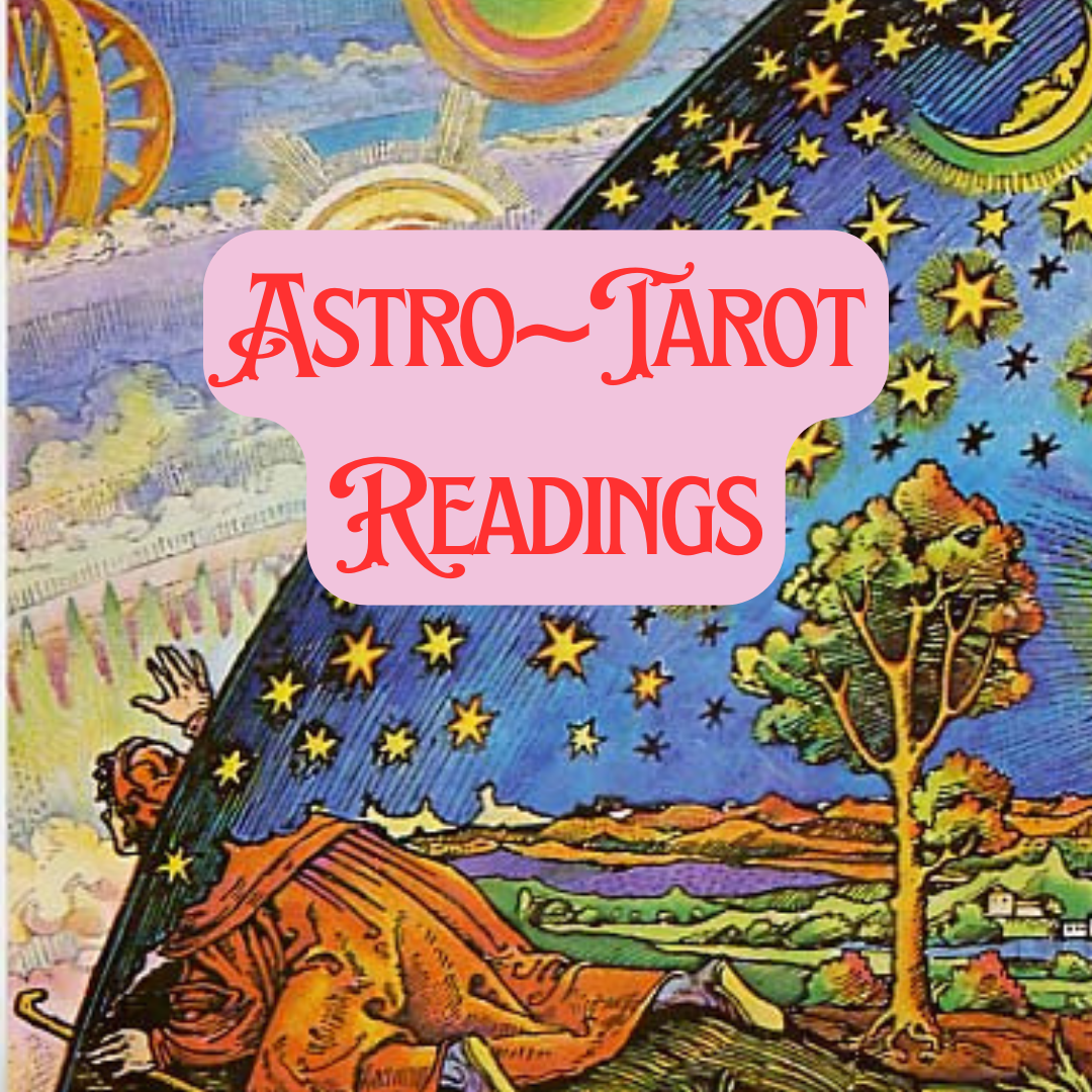 Colorful tarot card illustration with a tree, stars, a sun, and animated figures, overlaid with a pink label reading 'Astro-Tarot Readings' in red ornate font.