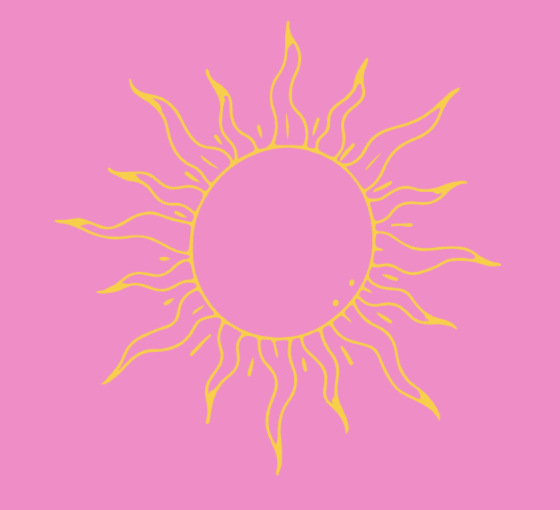 Yellow outline of a sun with wavy rays on a pink background.