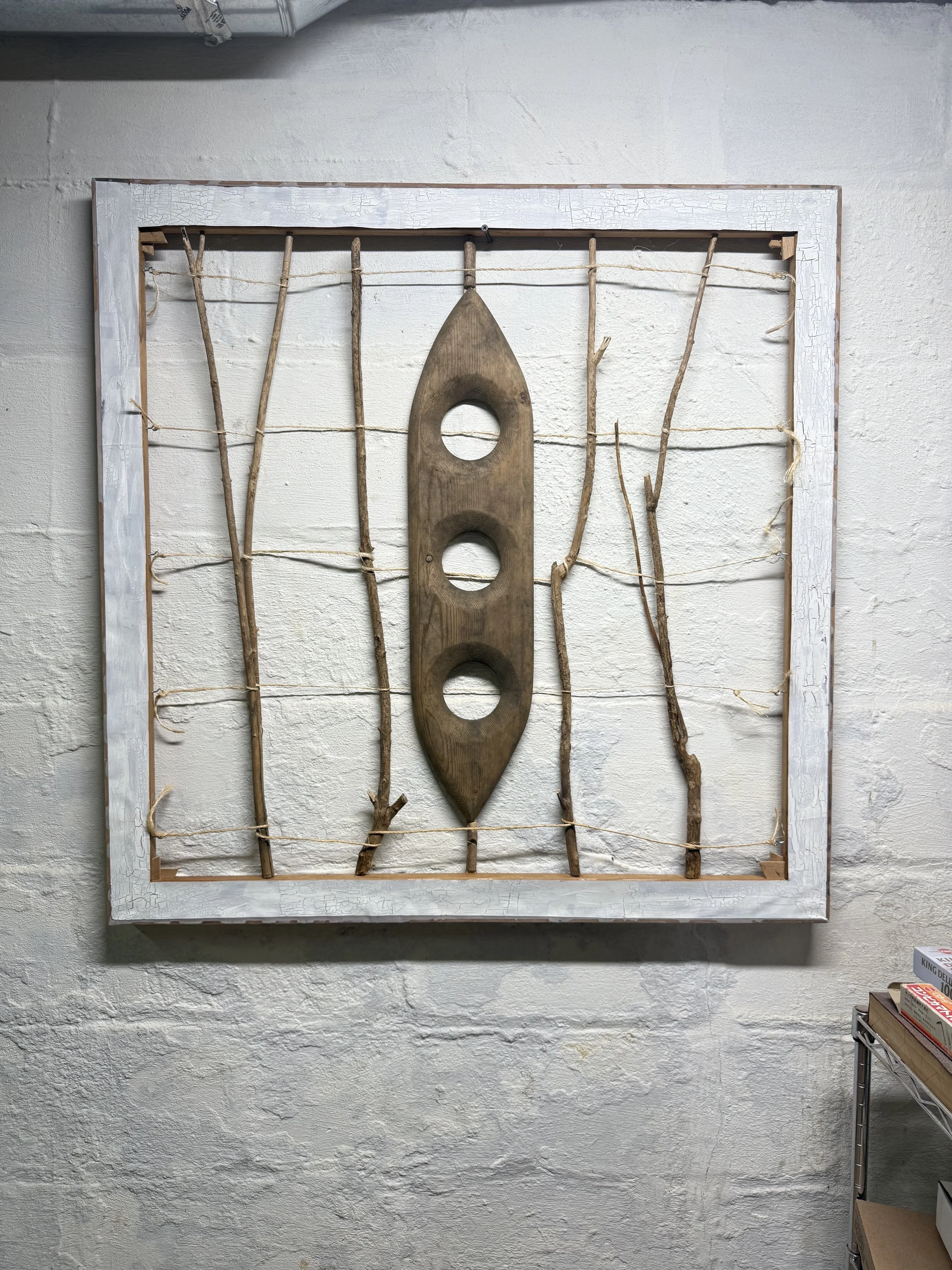 VESTIGIAL BUCKLE 2024
Wood, Screen Fabric, Twigs, Oil
36”x36”
(Stretcher was a gift of Herbert and Dorothy) Vogel