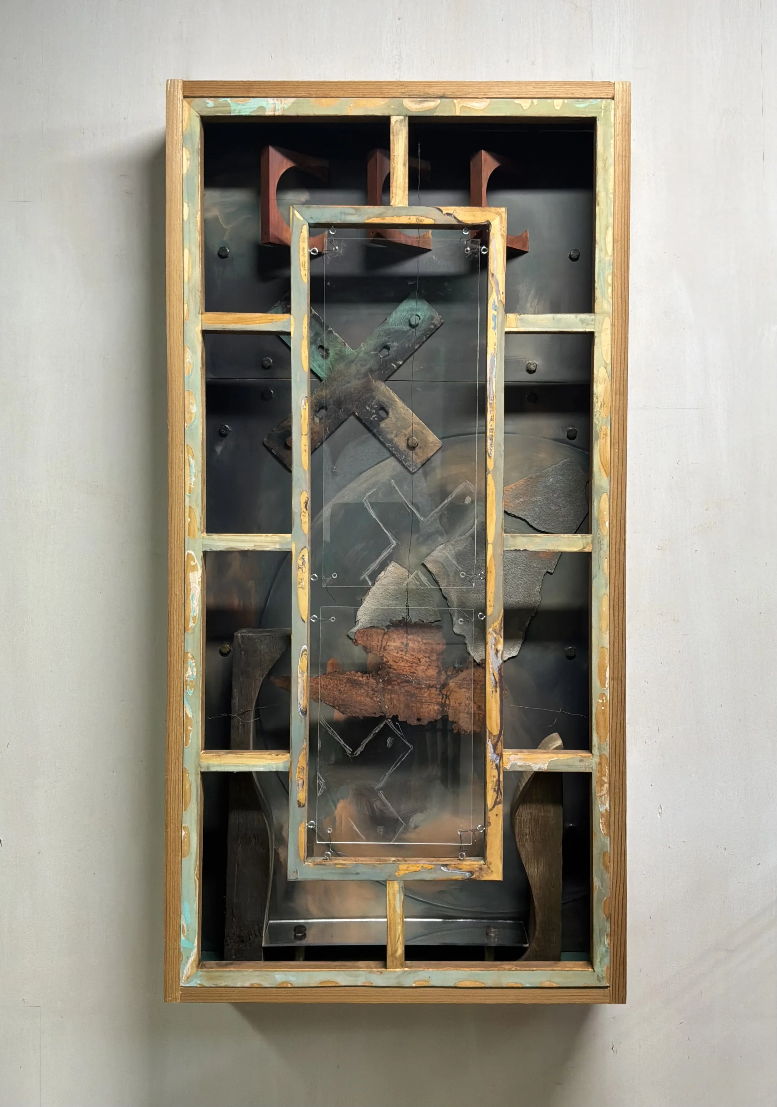 Dissolution Of Time (In Progress) 2026
Wood, Oil, Stone, Steel, Plexiglass
19”x29”x3.5”