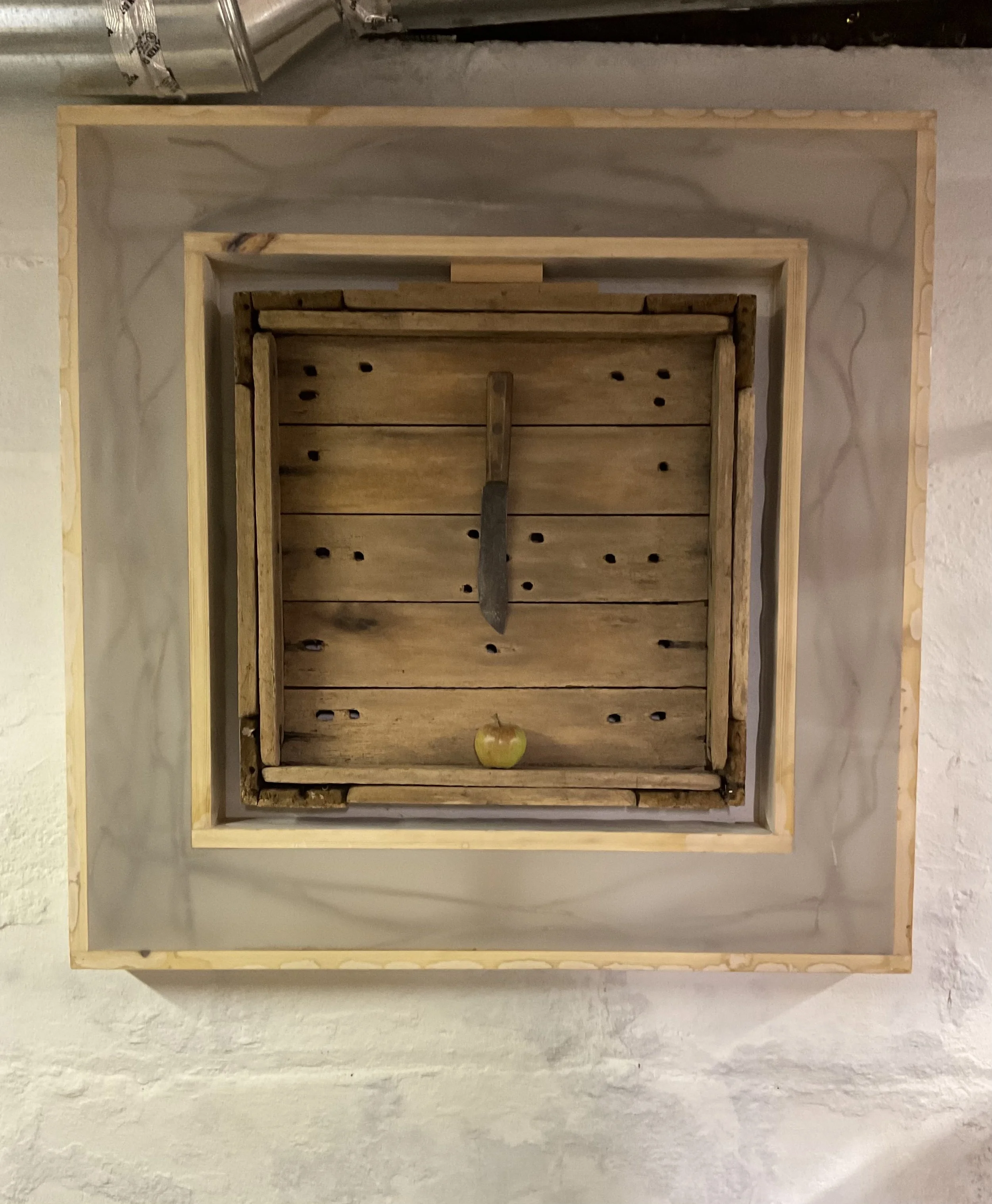 HOMESTEAD 2023
Wood, Screen Fabric Twigs, Apple, Knife
34"x34"x3.5"