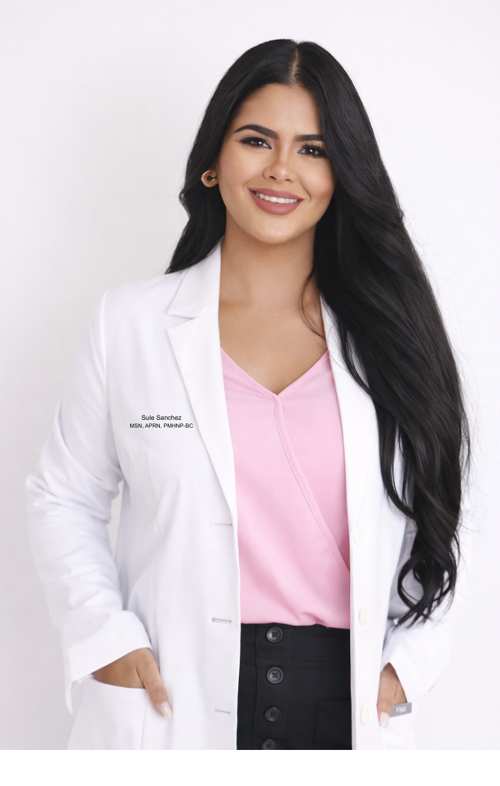 A smiling woman with long black hair wearing a white medical coat over a pink top and black pants, standing against a plain white background.