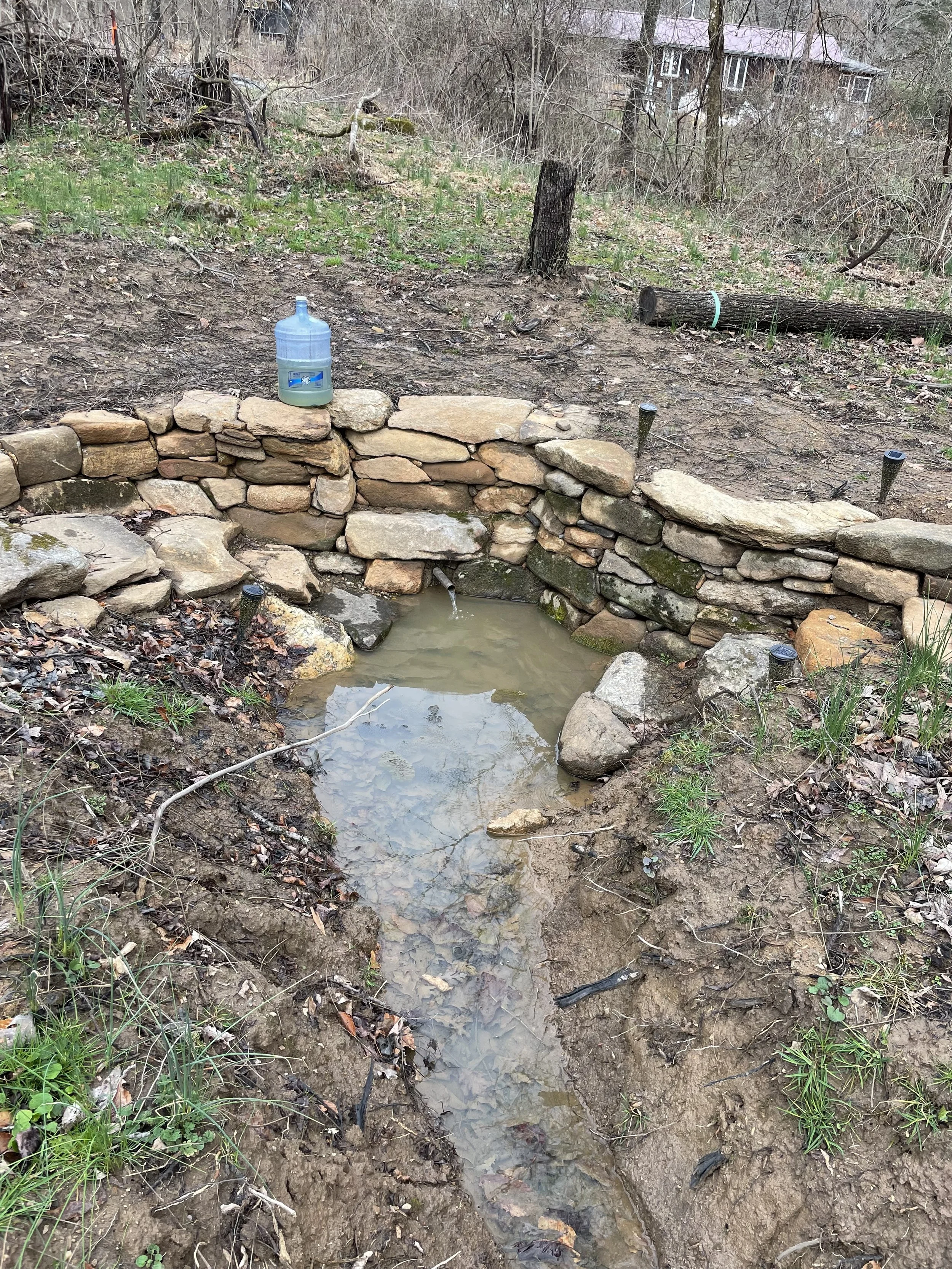 A custom stone retaining wall surrounded by some green grass and trees. This is a beautiful and artfully tapped spring.