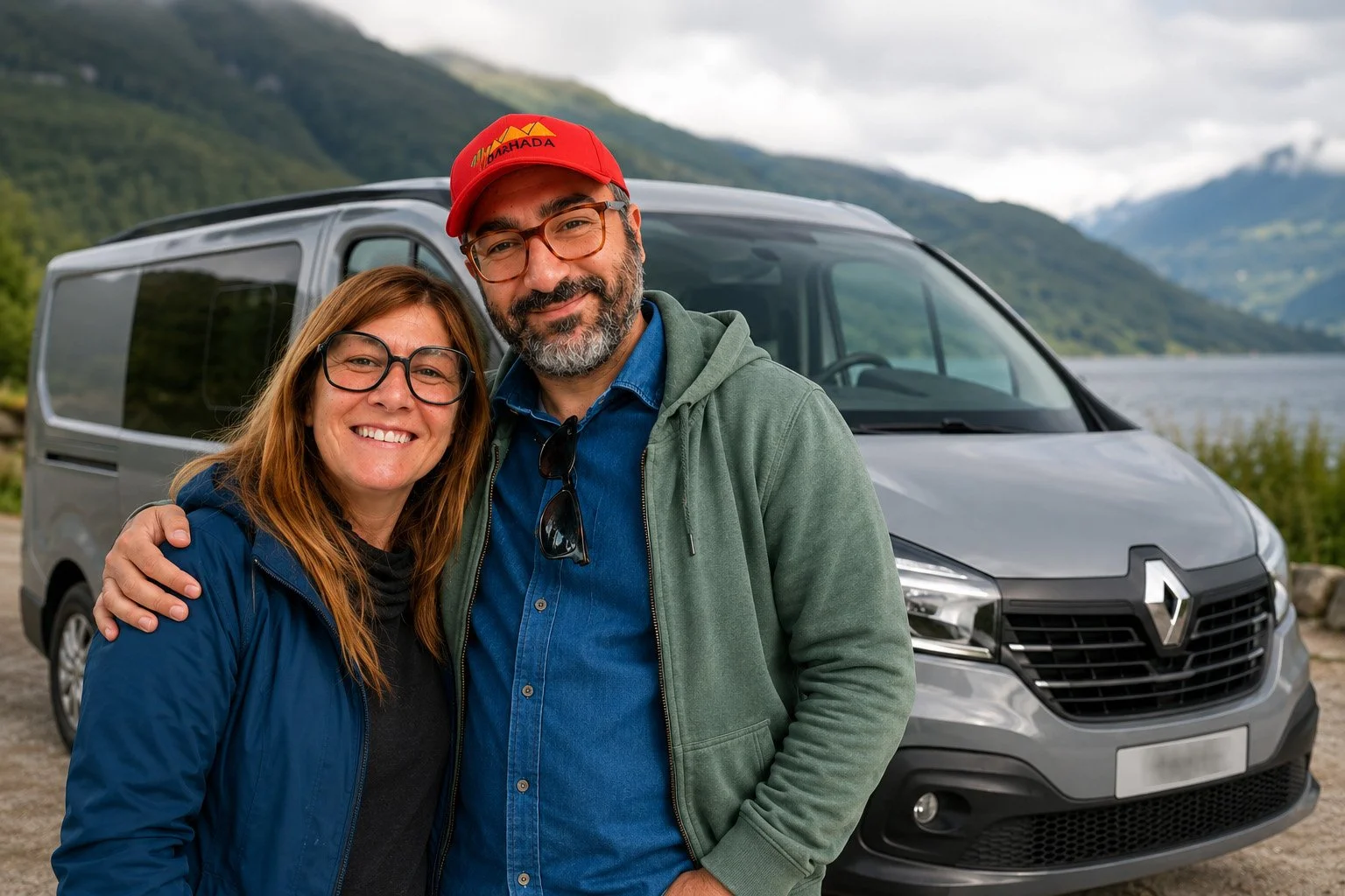 Una coppia di adulti sorridenti con abbigliamento casual davanti a un'auto grigia, con uno sfondo di montagne e acqua, in un paesaggio naturale.