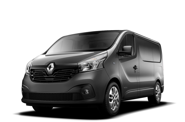 Vettura commerciale Renault di colore grigio scuro vista frontale e di fianco.