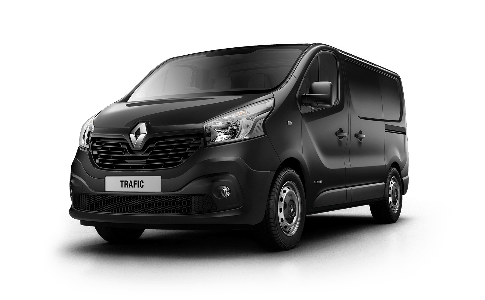 Furgoncino nero Renault Trafic, vista frontale a sinistra, su sfondo nero