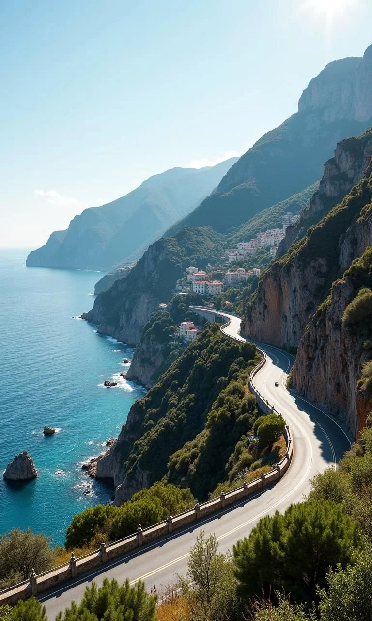 Una strada tortuosa situata sulla scogliera con vista sul mare e sulle montagne verdi. Ci sono alcune case distanti tra gli alberi e le rocce, e il cielo è chiaro e soleggiato.