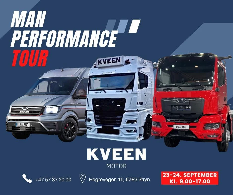 MAN &oslash;nskjer deg velkommen til MAN Performance Tour her hos Kveen Motor! 🤩

23. og 24. september, fr&aring; kl. 09.00 til 17.00. Sj&aring; den imponerande MAN TGE Lion S 4x4, fullpakka med utstyr og flotte detaljar, samt den nyaste MAN TGX, mo