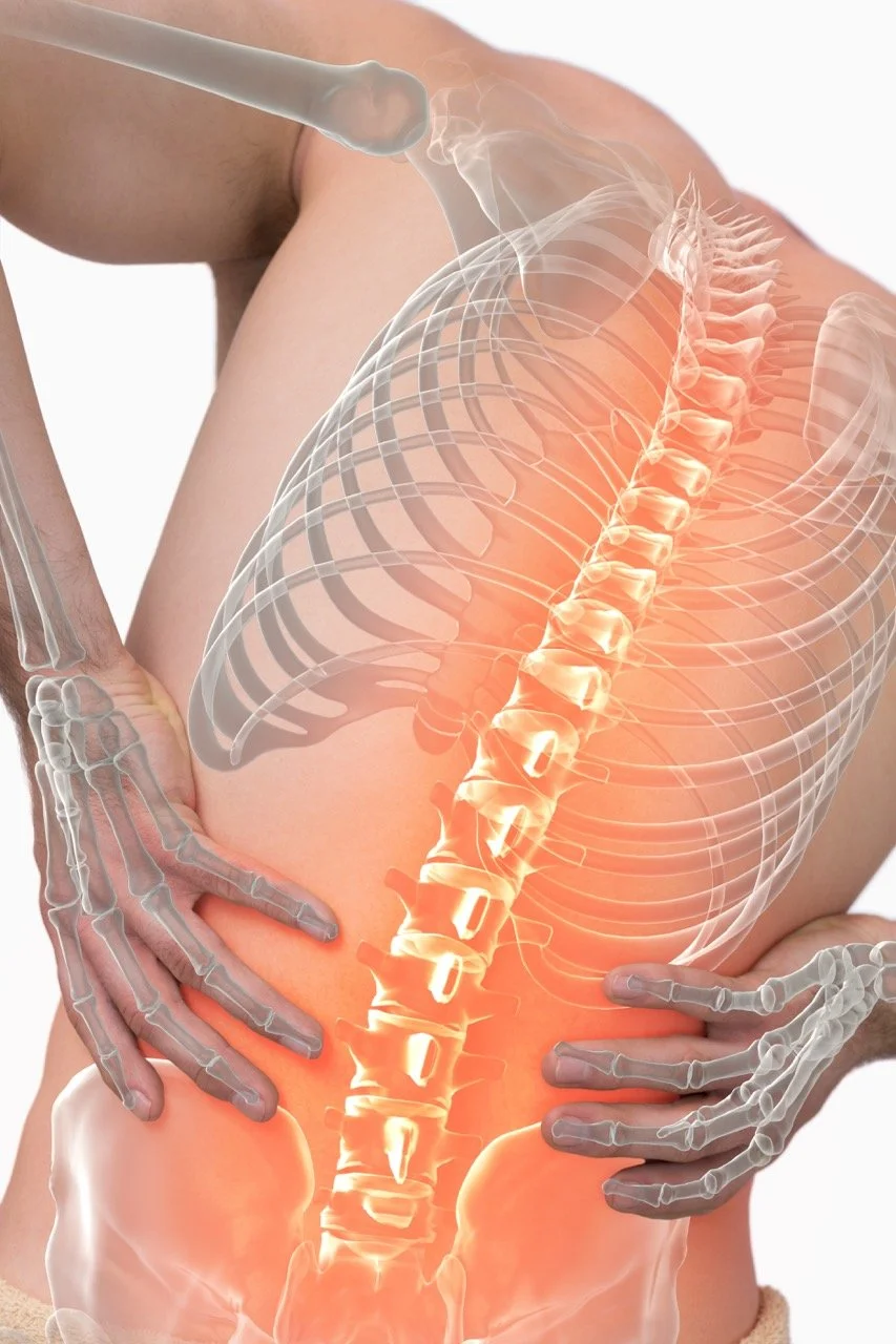Digital illustration of a person experiencing lower back pain, showing a transparent overlay of the spine with an red area indicating pain or inflammation.