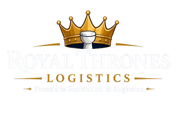 Logo for Royal Thrones Logistics featuring a gold crown and a toilet, with the text "Royal Thrones Logistics" and "Premium Sanitation & Logistics."