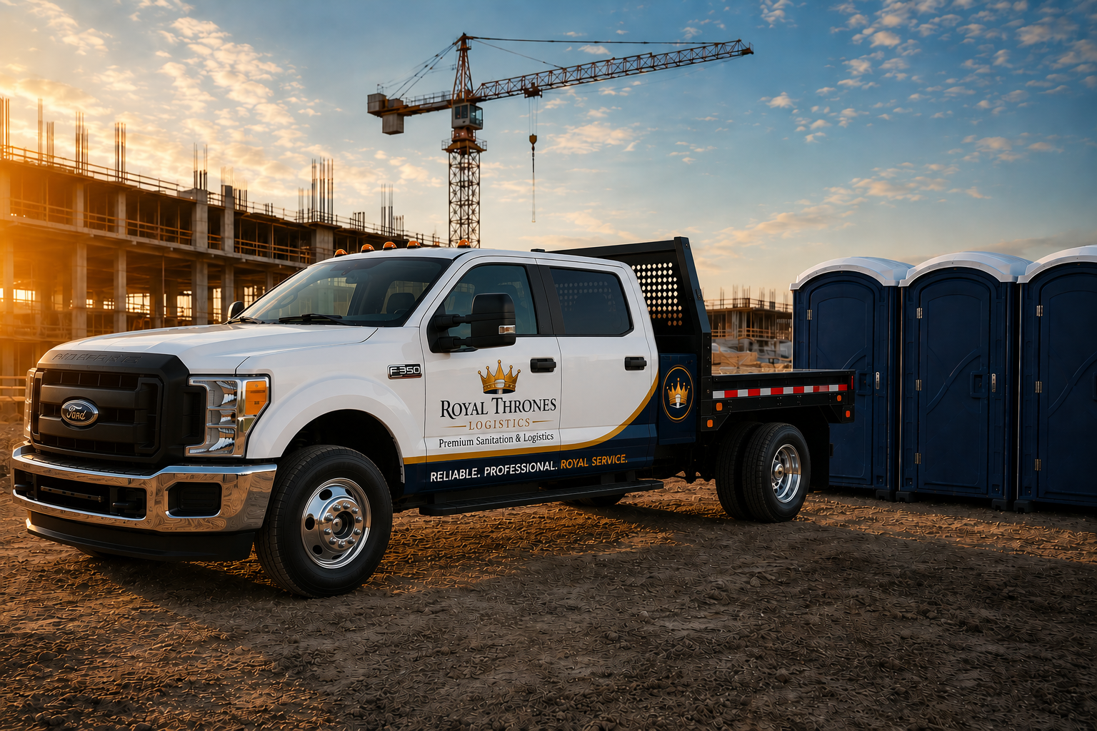 A white Ford F-350 truck with Royal Thrones Logistics logo parked at a construction site with a crane and porta-potties in the background during sunset.