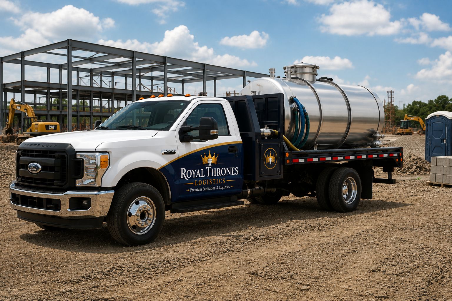 A white utility truck with a large stainless steel tank on the back, labeled Royal Thrones Logistics, parked on a construction site with building framework, construction equipment, and a portable toilet in the background.