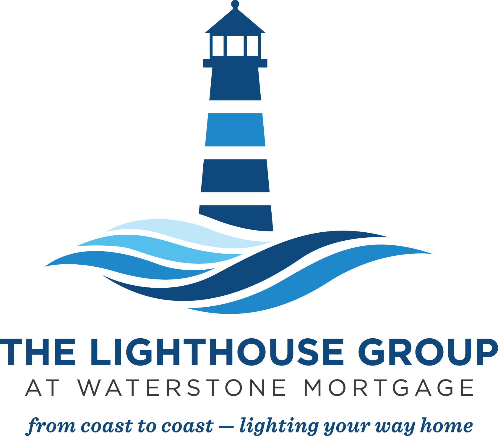 Logo of the Lighthouse Group with a lighthouse illustration above waves, and the text 'The Lighthouse Group at Waterstone Mortgage' underneath, along with the tagline 'from coast to coast — lighting your way home' in cursive.