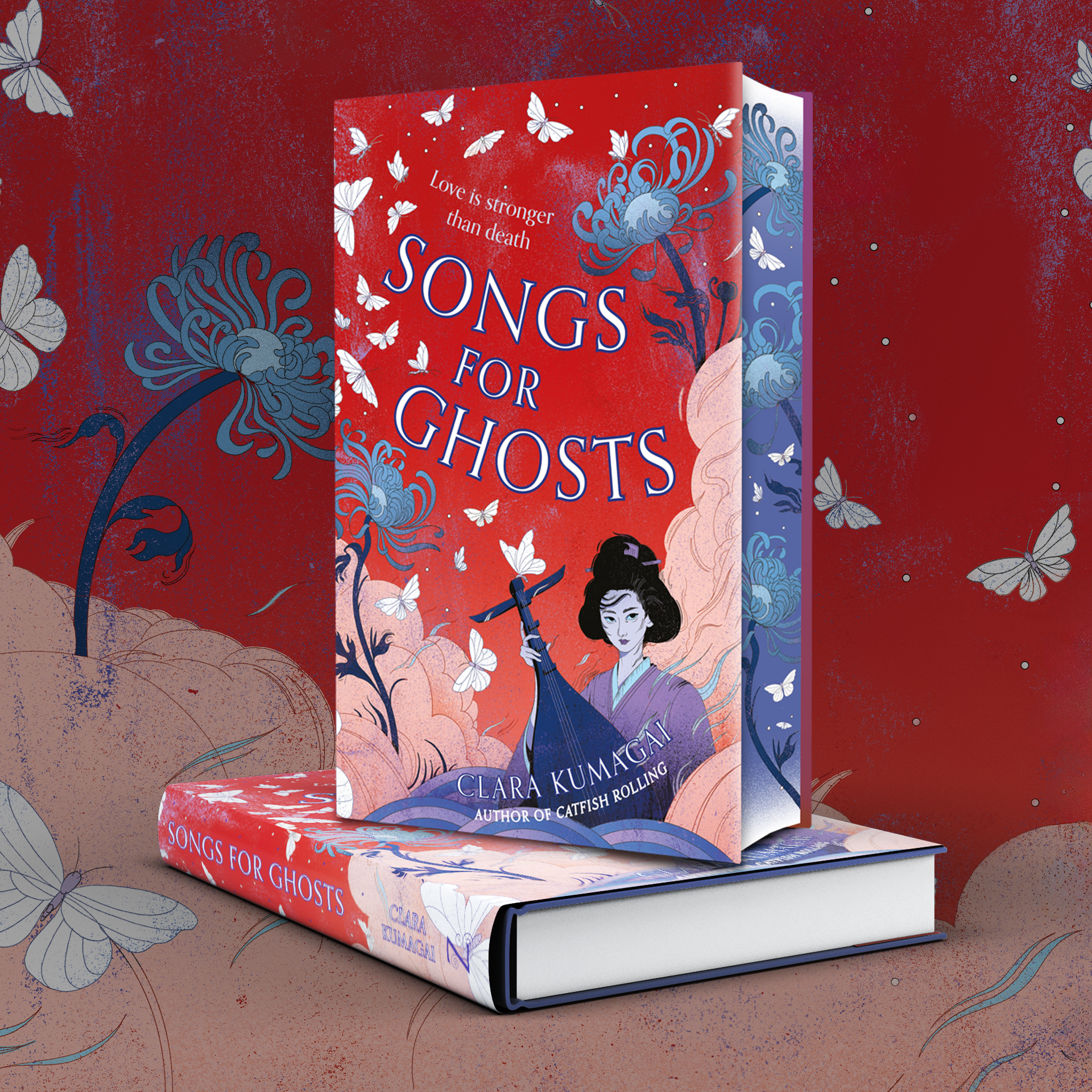 Cover of the book 'Songs for Ghosts' by Clara Kumagai featuring an illustration of a woman in traditional clothing holding a sword, with butterflies and swirling cloud patterns in the background.