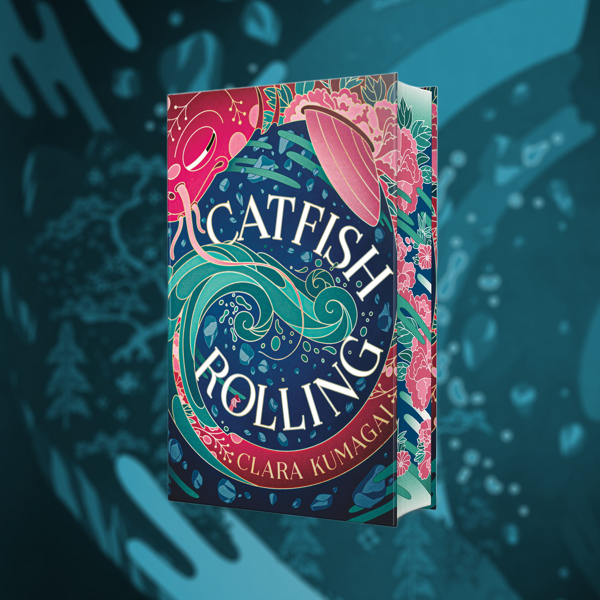 A book titled 'Catfish Rolling' by Clara Kumagai with a colorful cover illustration of waves, pink flowers, and abstract designs, set against a teal background with shadowed foliage.