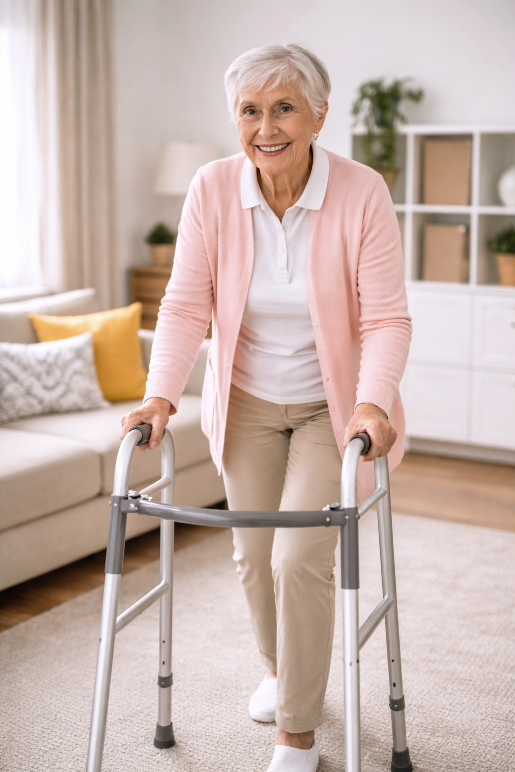 An elderly woman smiling while walking with a walker in a living room.