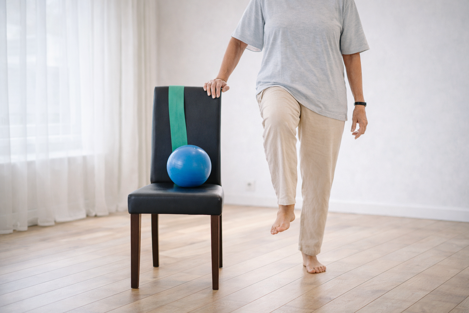 Person balancing on one foot with a chair, a blue exercise ball, and a green resistance band in a bright room with wooden flooring.