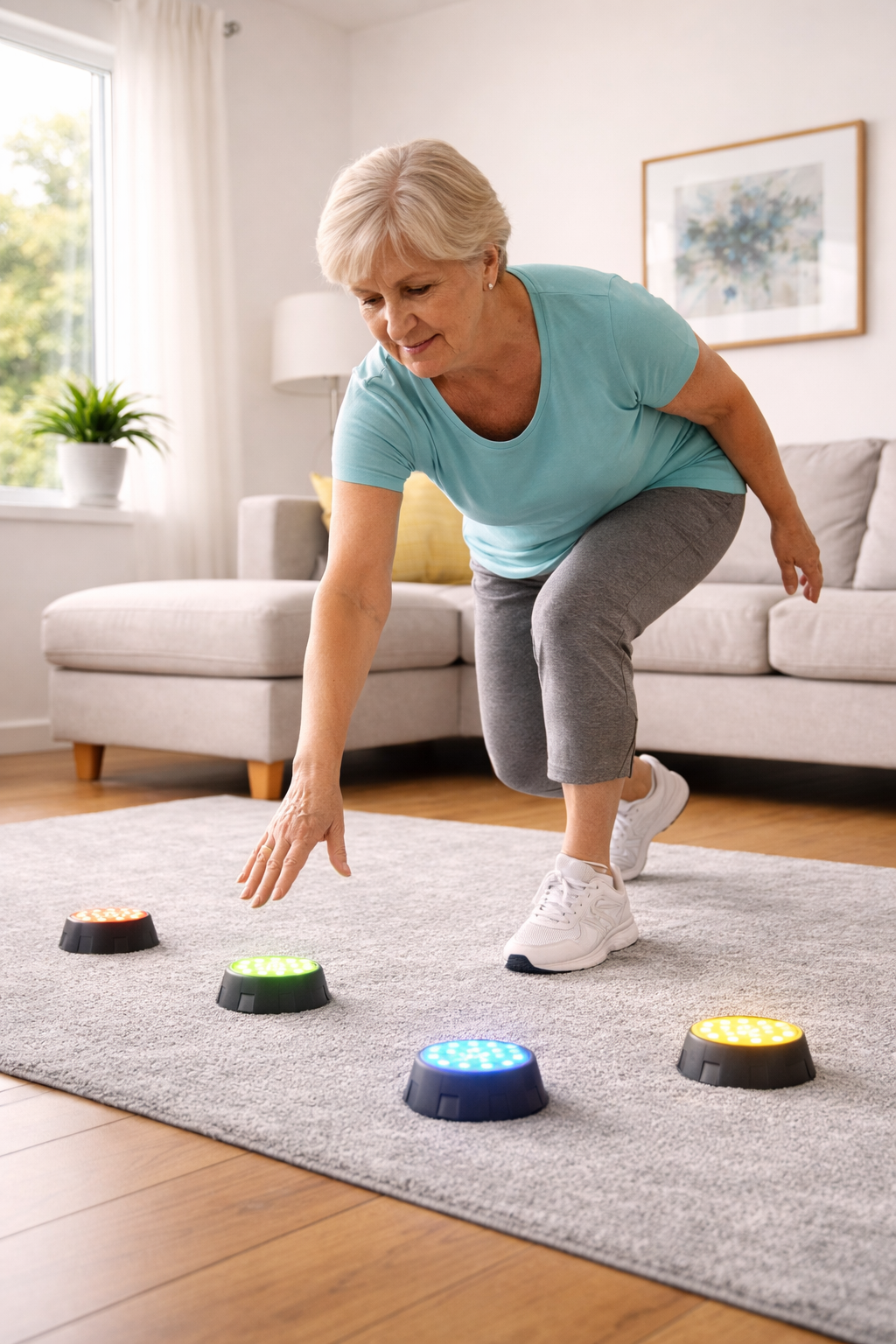 Older woman in workout clothes doing an exercise or game using LED light-up discs on a carpet in a living room.