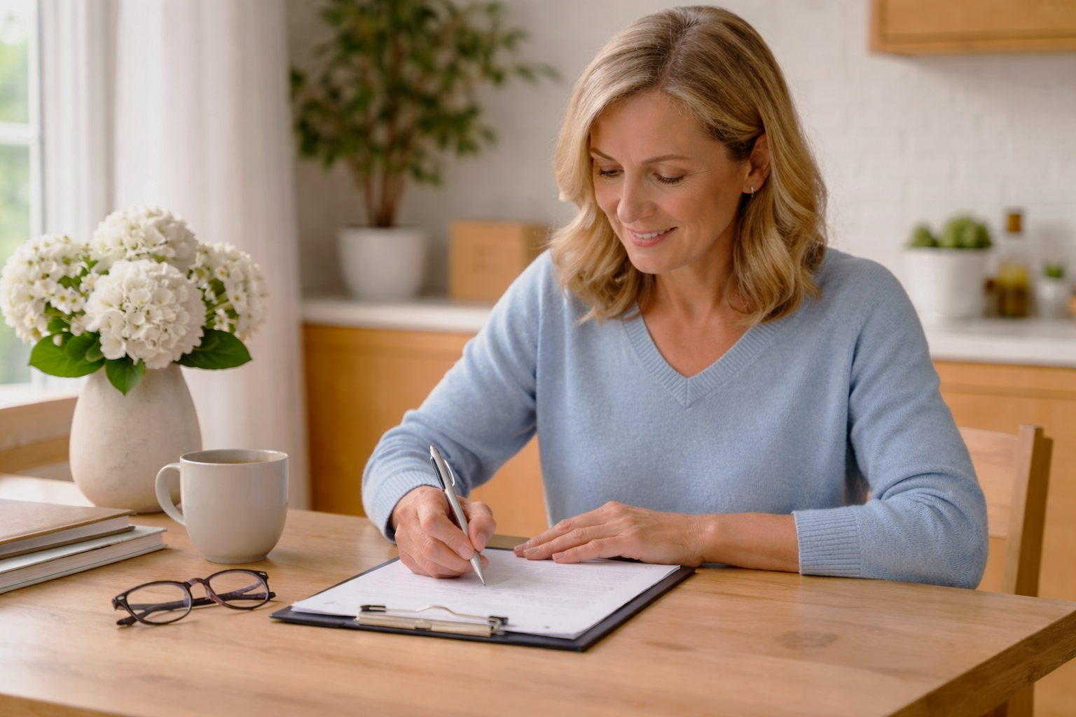 A woman with blonde hair wearing a light blue sweater sitting at a wooden table writing in a notebook with a pen. There is a white coffee mug, a pair of glasses, and a vase of white flowers on the table, with a window and potted plant in the background.