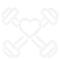 Outline drawing of two dumbbells crossed, a heart in the center, and two dumbbells above and below