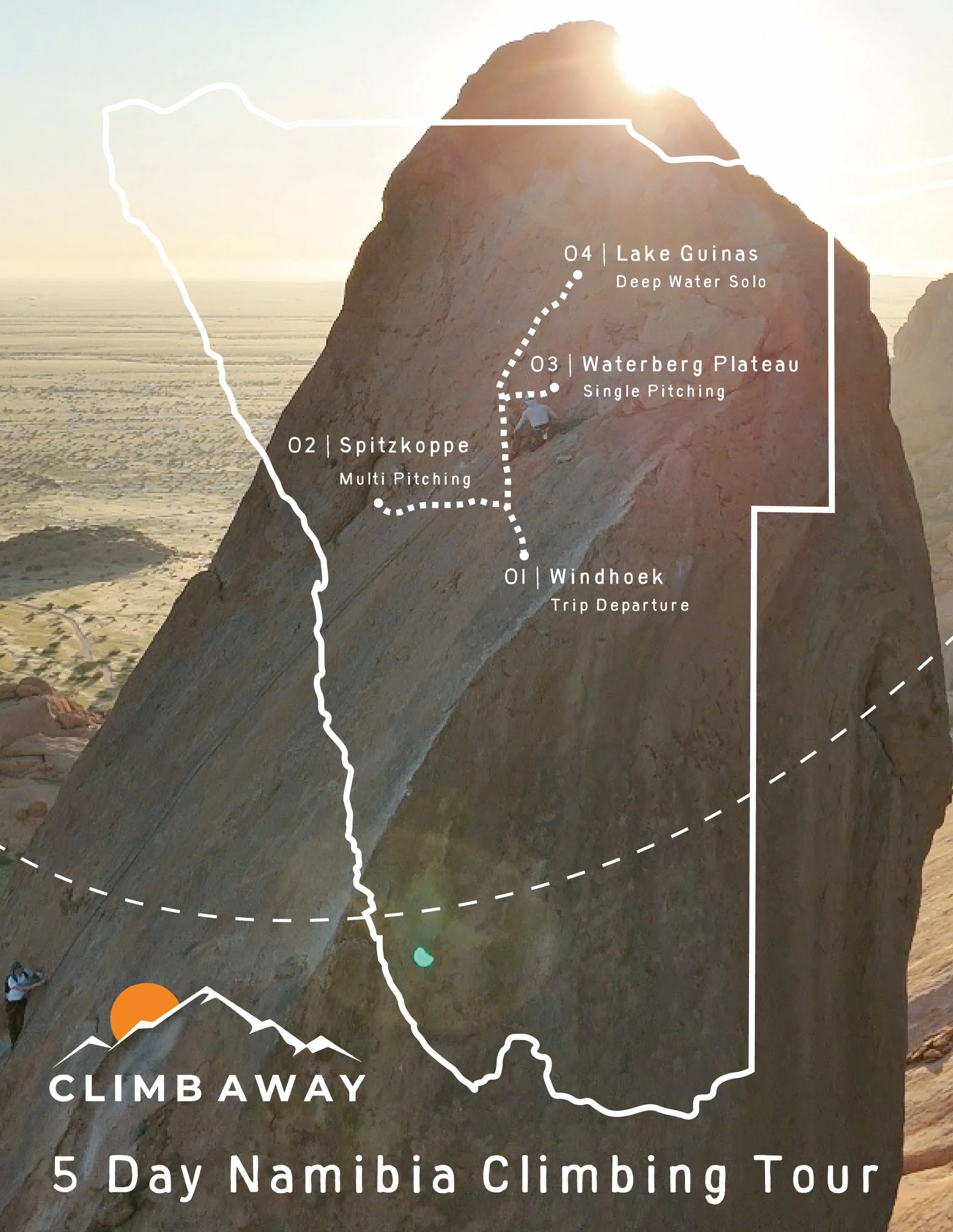 March 1-5, 2027! Join us for an epic 5 day climbing tour through Namibia!!! Each day explores climbing in a different area, going from the granite towers of Spitzkoppe to the sandstone cliffs of Waterberg and ending with deep water soloing on the lim