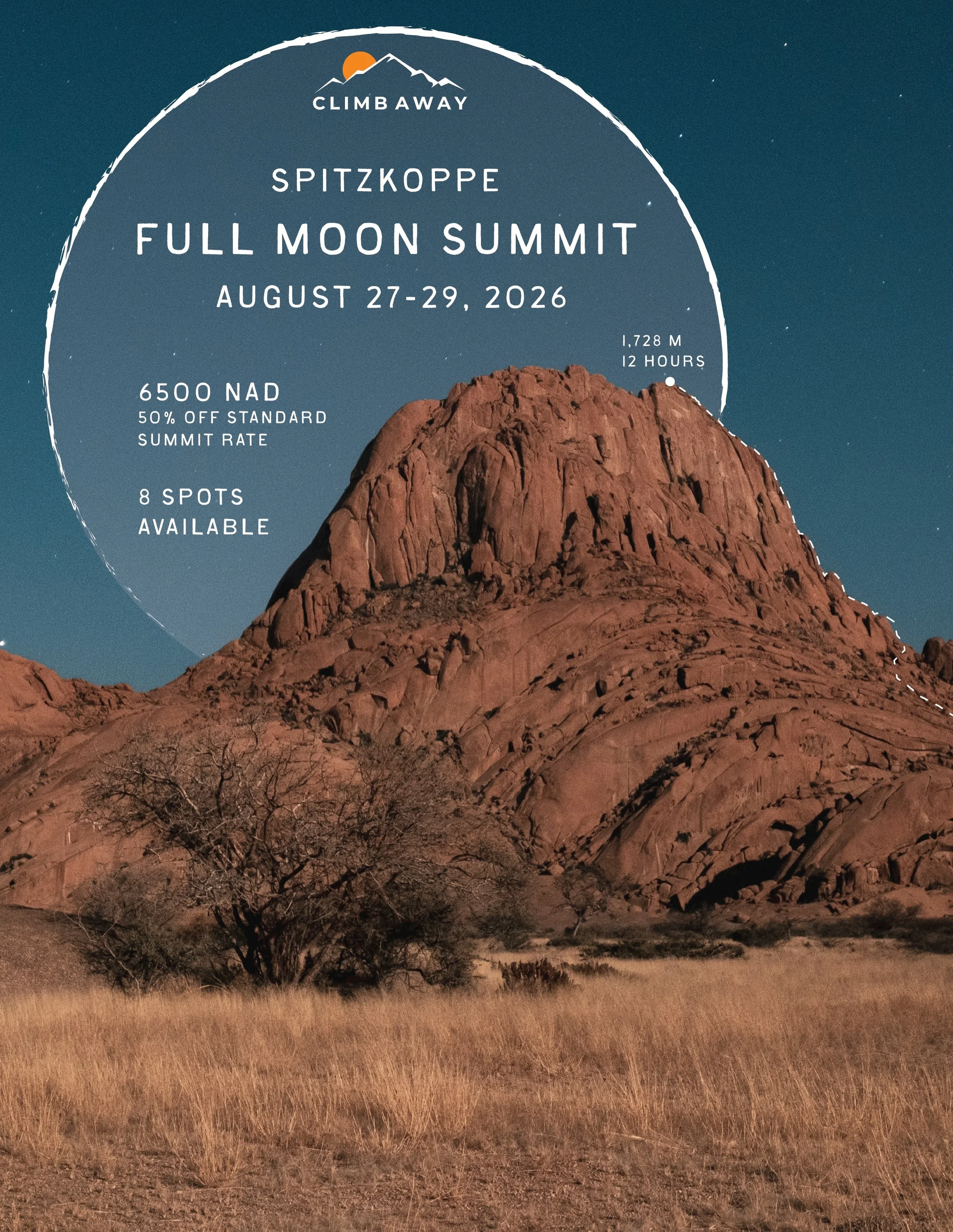 Summit Spitzkoppe, Namibia through the night with Climb Away! 

Begin your rock climbing adventure in the afternoon - hiking, scrambling and rock climbing for 6-8 hours - arriving at the summit for the best view of the full moon rise and simultaneous