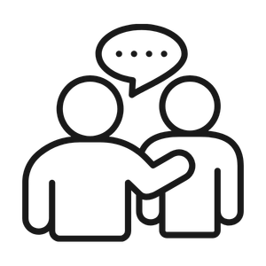 Outline of two people having a conversation, with one person placing a hand on the other's shoulder and a speech bubble above them.