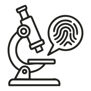 Line drawing of a microscope with a speech bubble containing a fingerprint inside.