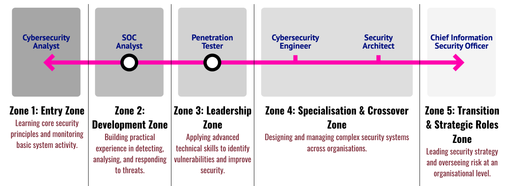 A cybersecurity training diagram illustrating five zones from Entry Zone to Transition & Strategic Roles Zone, with roles like Cybersecurity Analyst, SOC Analyst, Penetration Tester, Cybersecurity Engineer, Security Architect, and Chief Information Security Officer, connected by a pink line indicating progression.
