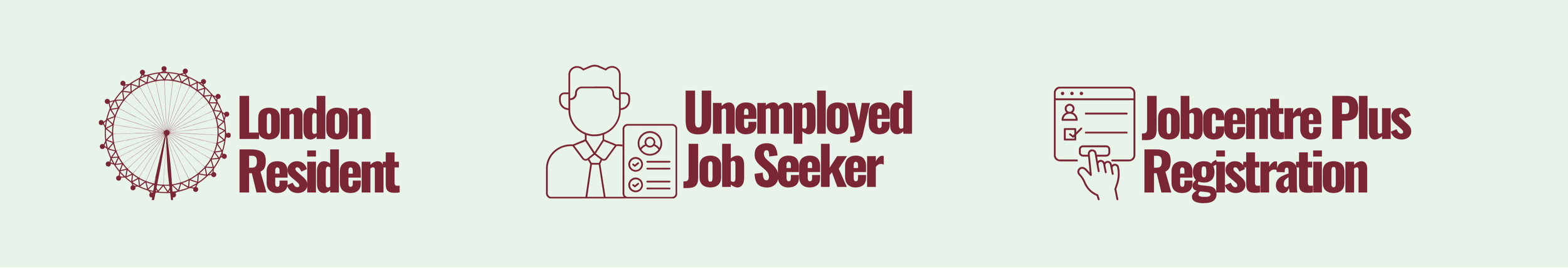 Icons representing London London Eye, a person with a job application, and a hand clicking a registration button, with text indicating a resource for London residents, unemployed job seekers, and Jobcentre Plus registration.