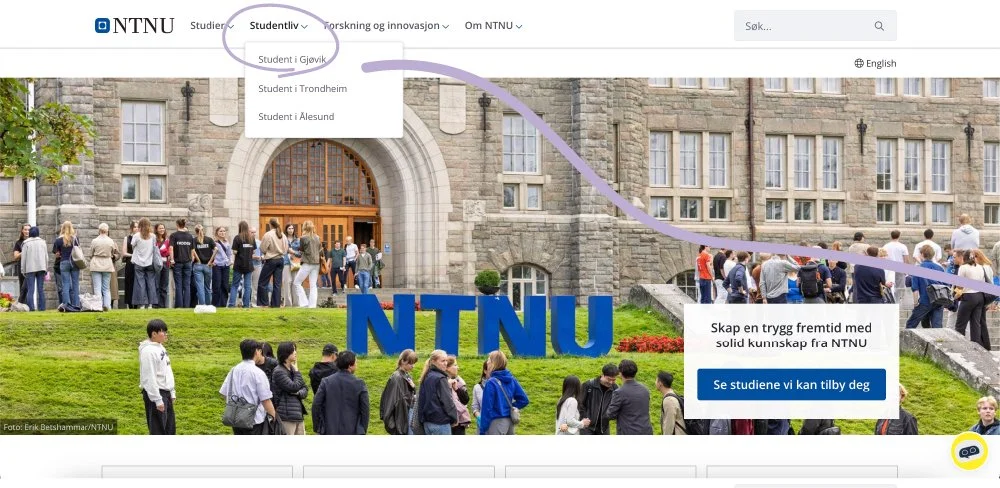 Bildet av nettisden til NTNU som viser at du først må hover over "studentliv" før du kan trykke på "studenter i Gjøvik"