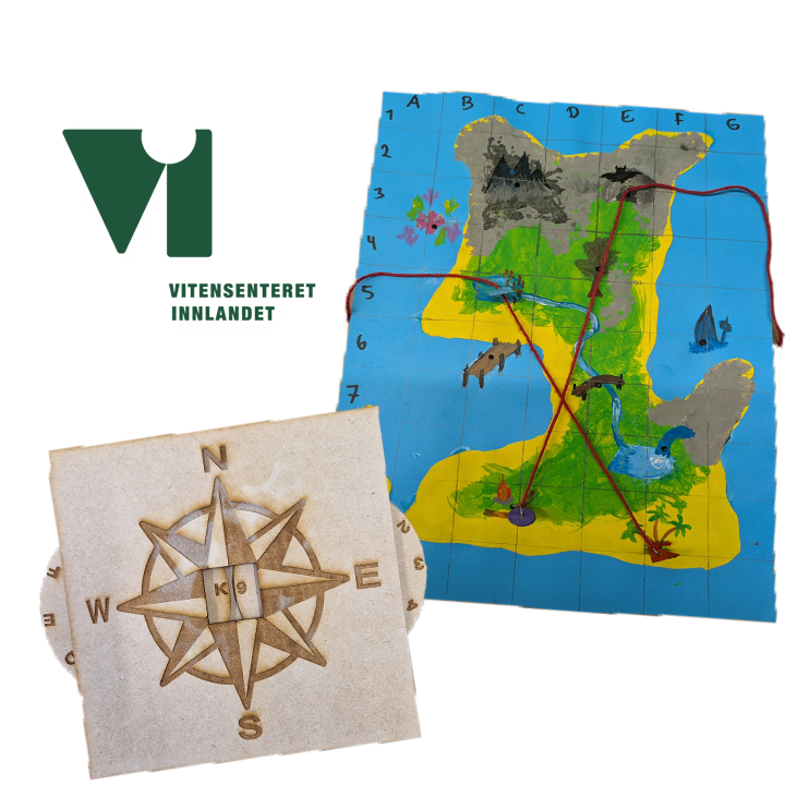 Bildet av Vitensenteret Innlandet logo, et lite kart over en øy med kjennemerker og krysningpunkt av tråd og et skyvehjul med bildet av et kompass