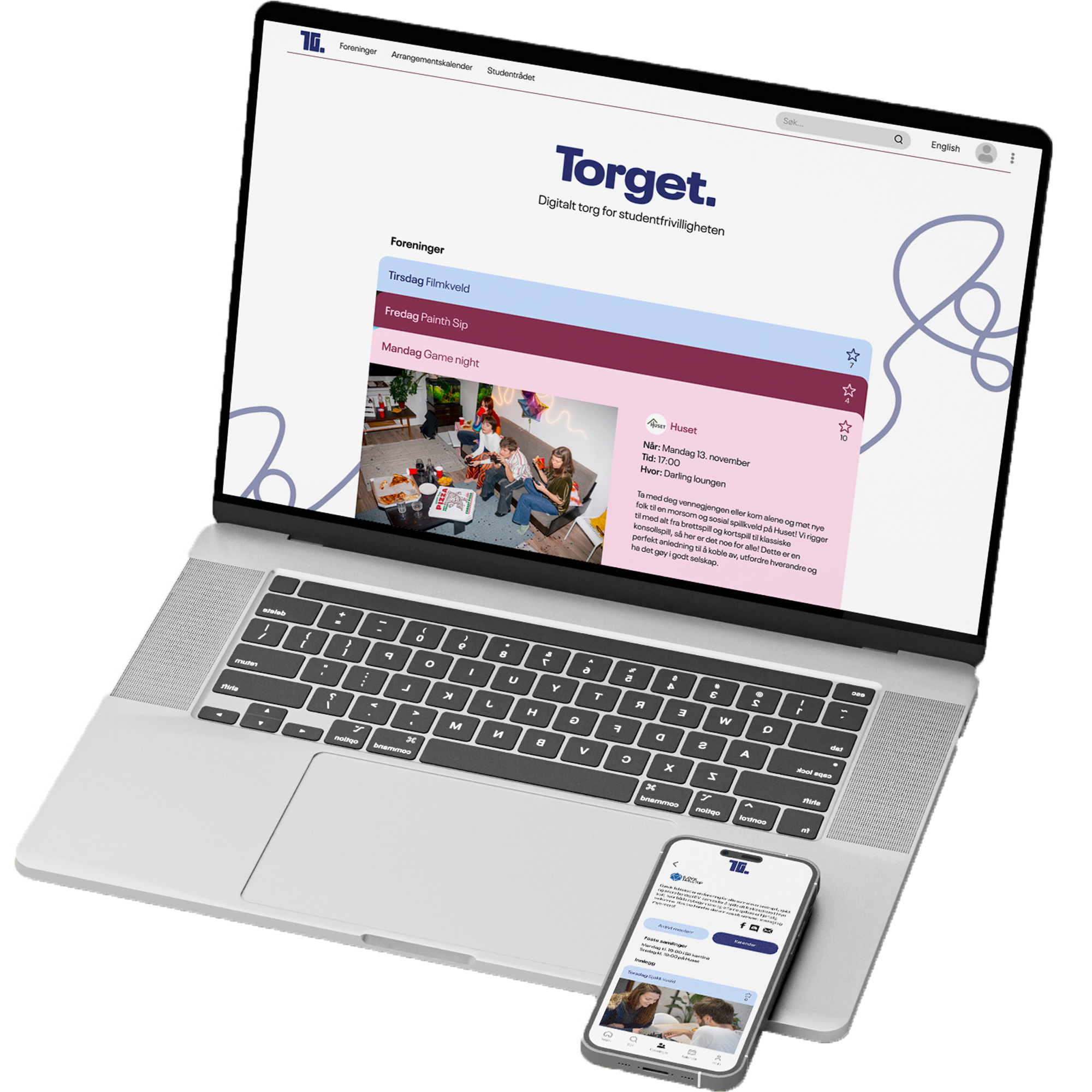 Bildet av en laptop og mobil som viser forsiden og foreningside fra nettsiden Torget
