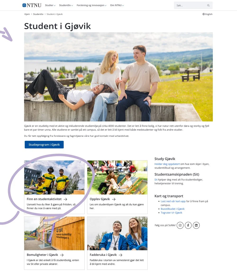 Bildet som viser at du videre må bla ned til "finn en studentaktivitet" og trykk på den