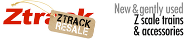 Z scale model trains and accessories, with a sale tag reading 'ZTRACK SALE'