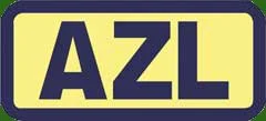 AZL logo on a sign with a yellow and blue background.