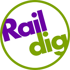 Logo with the words 'Rail' in purple and 'dig' in green, enclosed in a green circle.