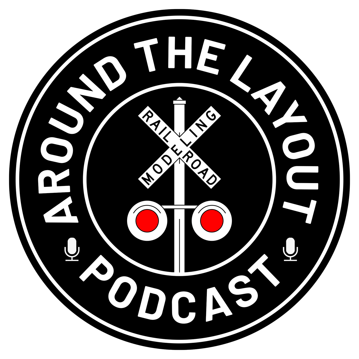 Logo for the 'Around the Lane YouTube Podcast' featuring train crossing signs, railroad crossing signals with red lights, and microphones.