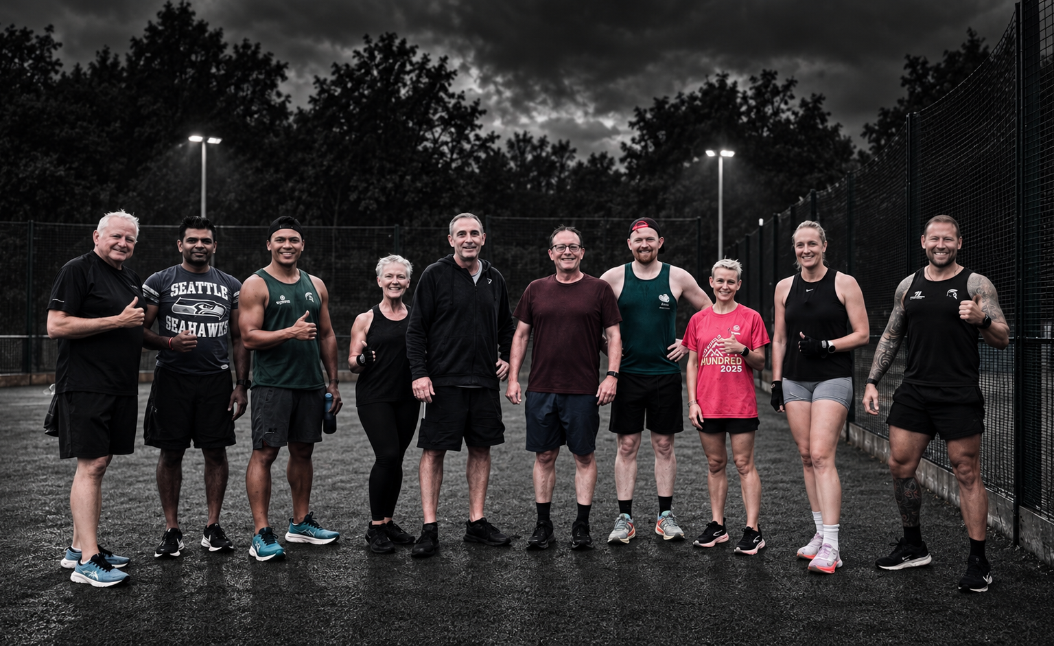 Group of nine people smiling and posing for a photo on an outdoor sports court at dusk, with tall trees and dark clouds in the background.