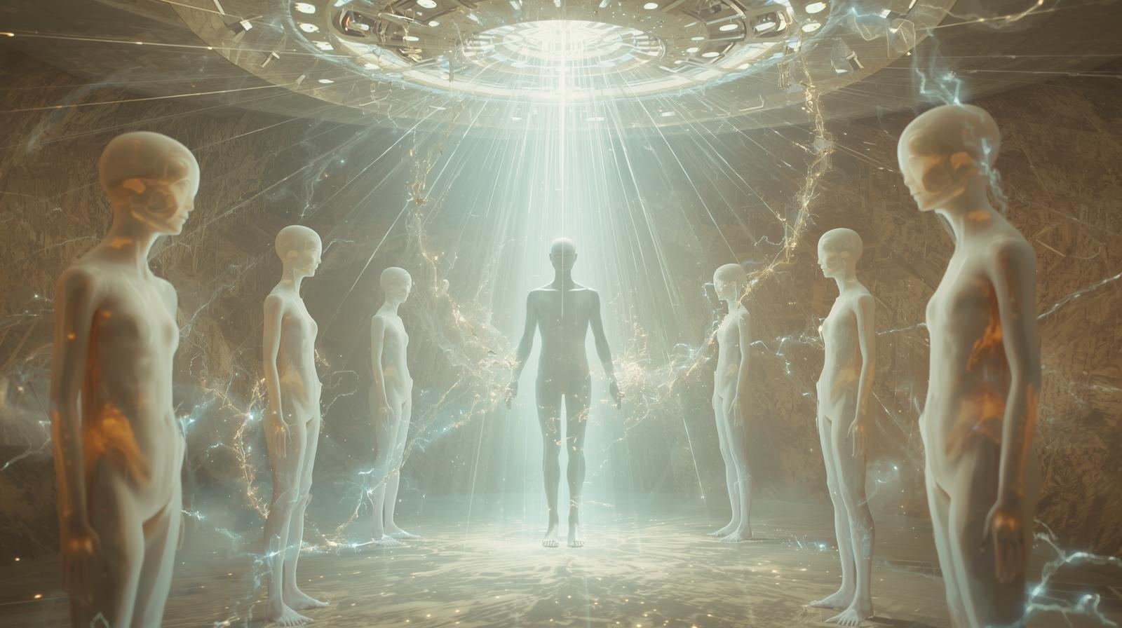 Man surrounded by interstellar beings