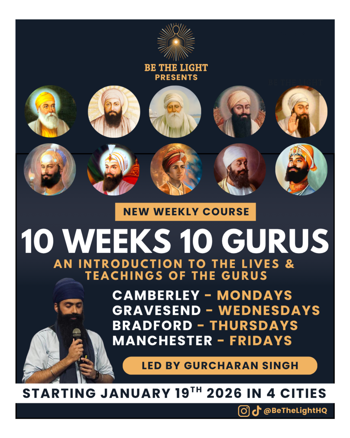 Poster for a weekly course titled '10 Weeks 10 Gurus' led by Gurcharan Singh, starting January 19, 2026, in four cities, featuring images of spiritual gurus, with schedule details for Camberley on Mondays, Gravesend on Wednesdays, Bradford on Thursdays, and Manchester on Fridays.