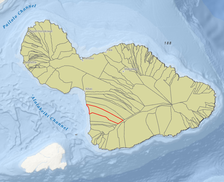 Map of the Hawaiian Island of Hawaii, showing the watershed divisions in yellow, with one area highlighted in red, including place names like Kihei, Makawao, and Pāʻia.