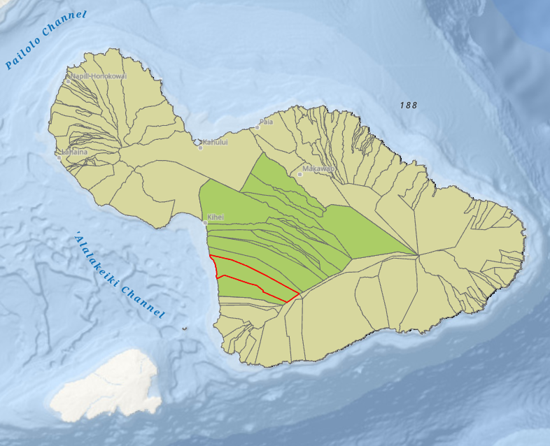 Map of the island of Hawaii showing its river drainage basins, some of which are highlighted in green and red.