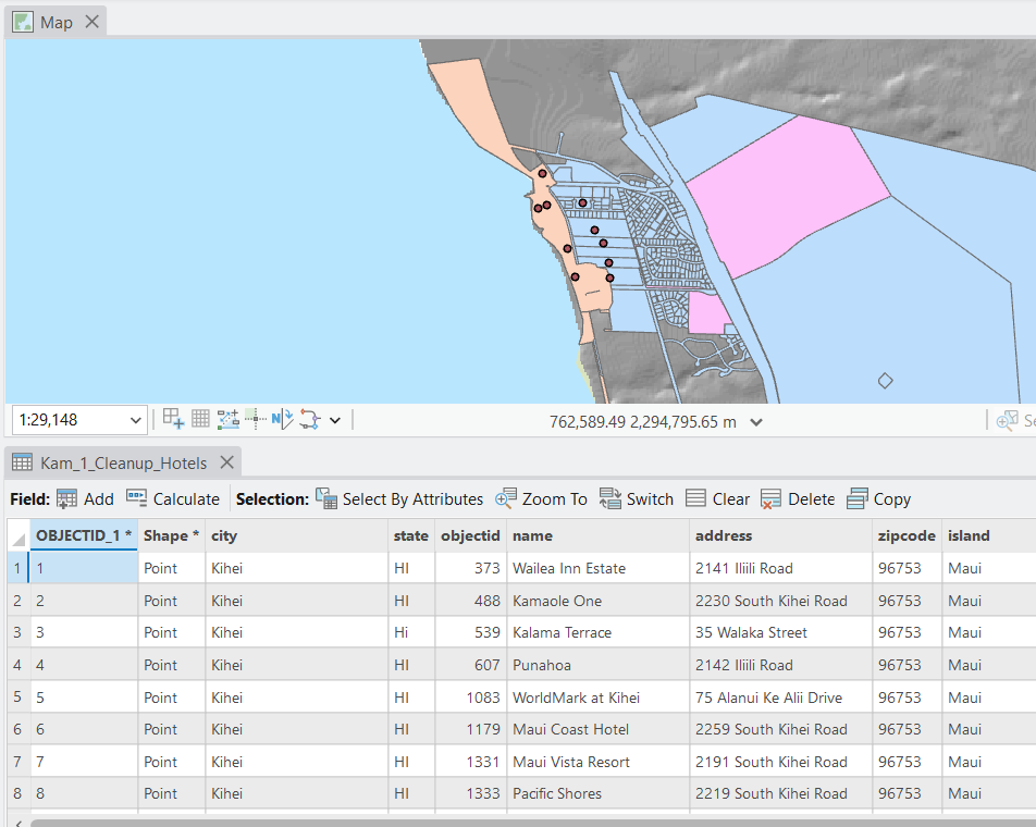 Map of a coastal area with labeled points of interest, overlaid with a data table listing hotel names and addresses in Kihei, Maui.