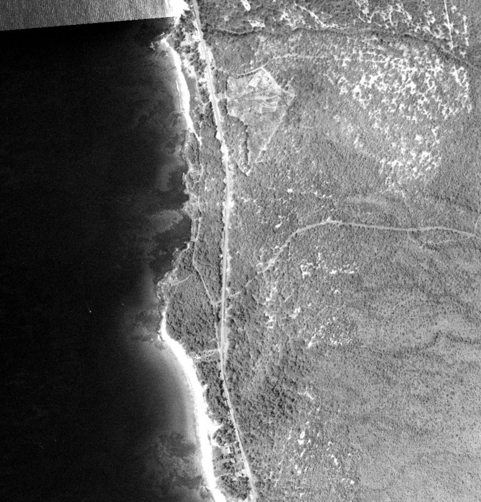 Aerial black and white photograph of a coastline with a road running parallel to the shore, surrounded by forested hills and open fields.